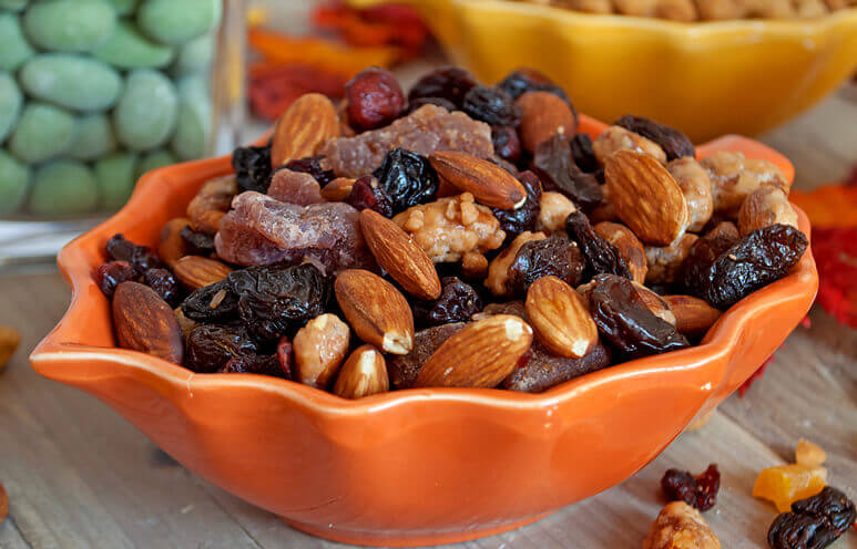 Make your own mix of nuts and dried fruit for a scrumptious anytime snack.