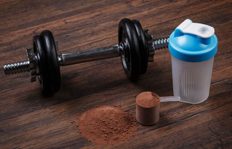 A blender bottle and dumbbells with a scoop of powder is all you need!
